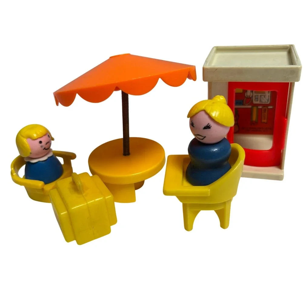 Vintage Fisher Price Little People Travel Set Phone Booth Umbrella Table Figures